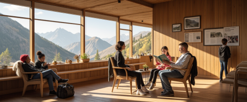 Adulte lisant une histoire avec un enfant dans une salle d’attente conviviale
